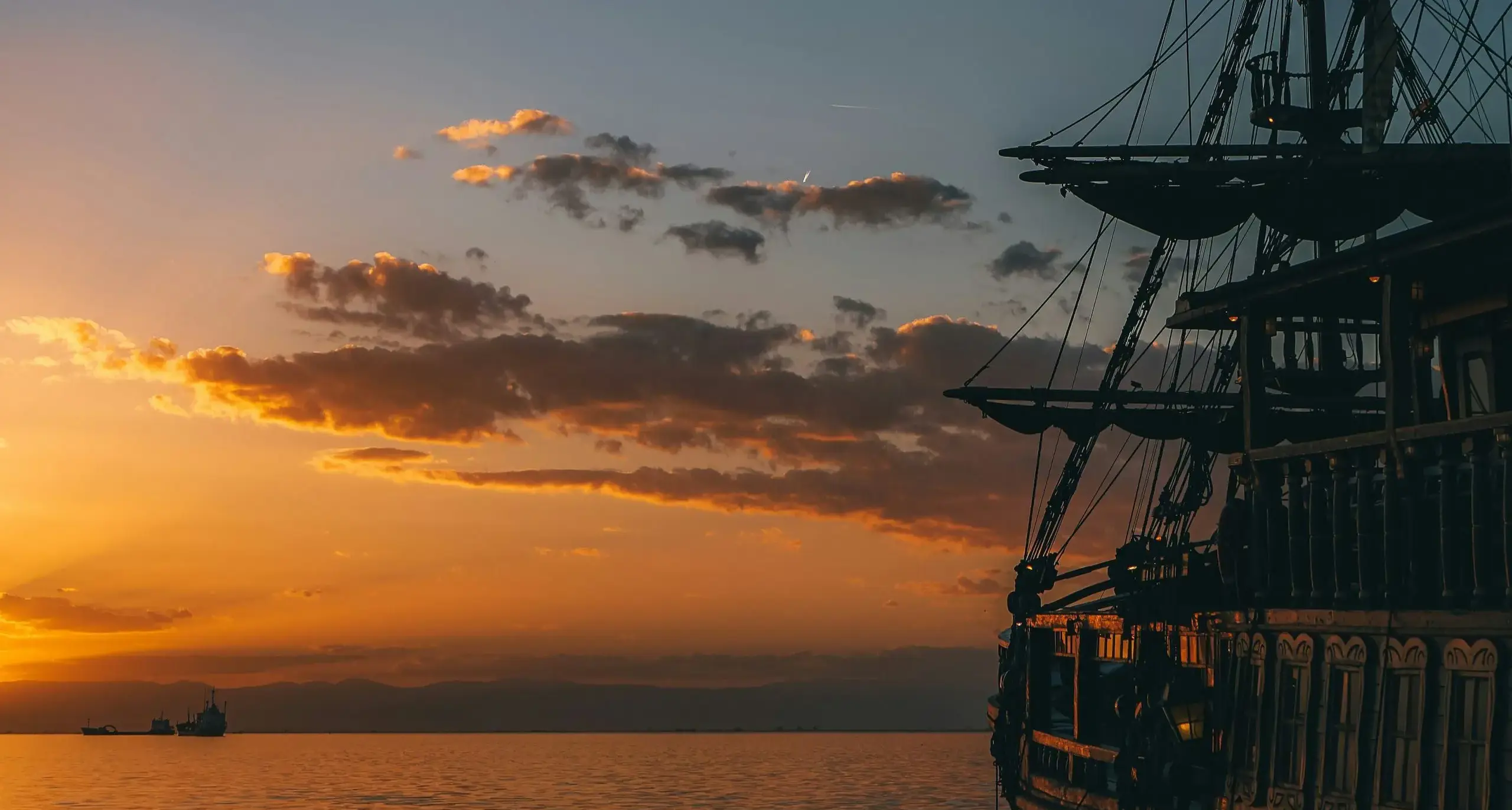 Pirate ship at sunset